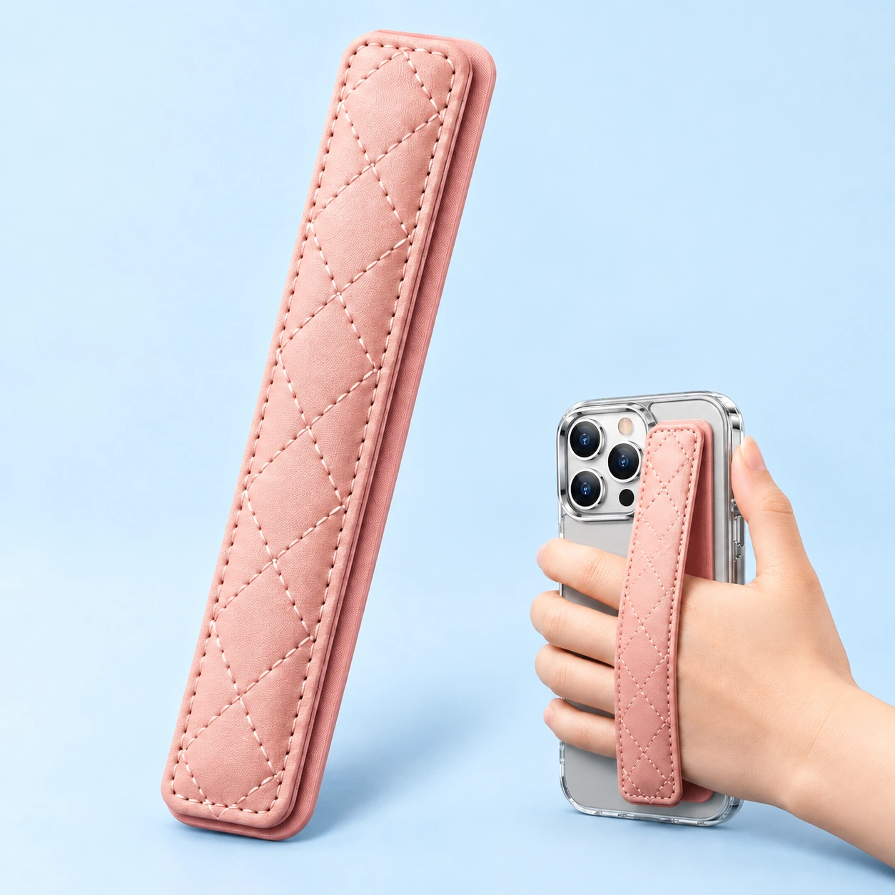 Pink Diamond-Stitched Phone Grip Strap