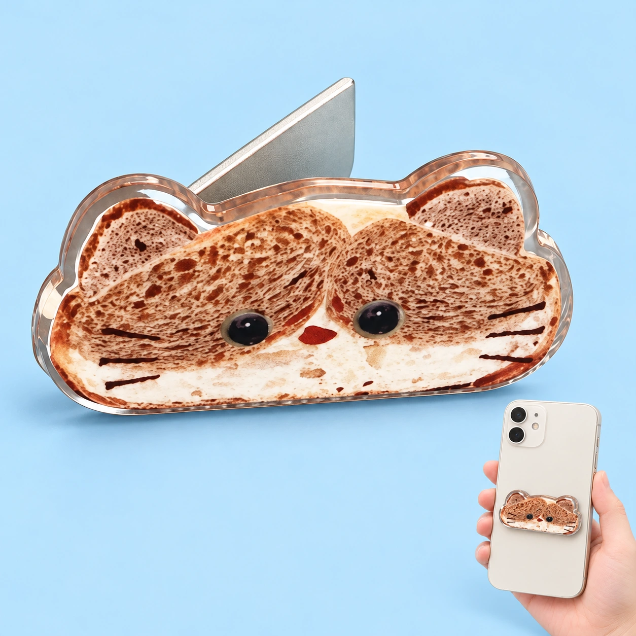 Toast-cat folding phone kickstand shown complete and mounted on a phone