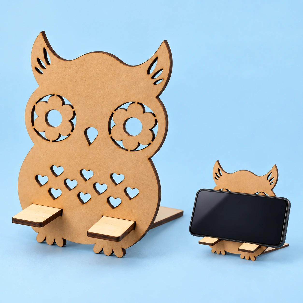Heart-cutout wooden owl phone stand and landscape phone illustration