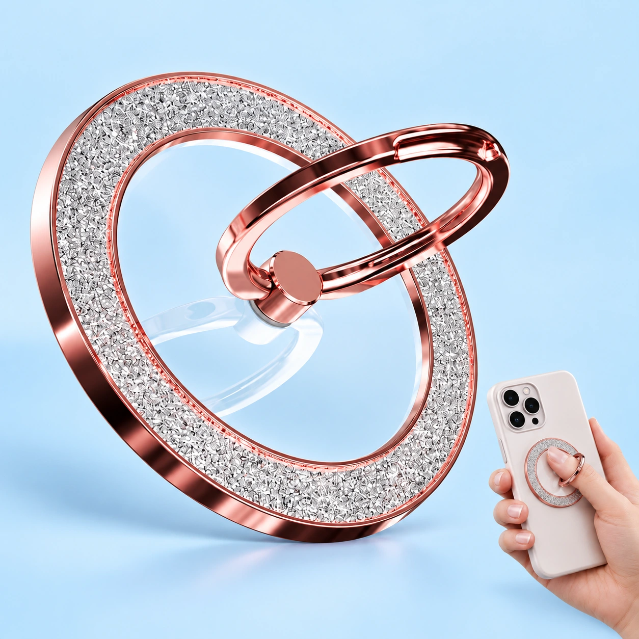 Rose-gold-tone glitter magnetic phone ring holder shown complete and with a finger through its small hinged ring