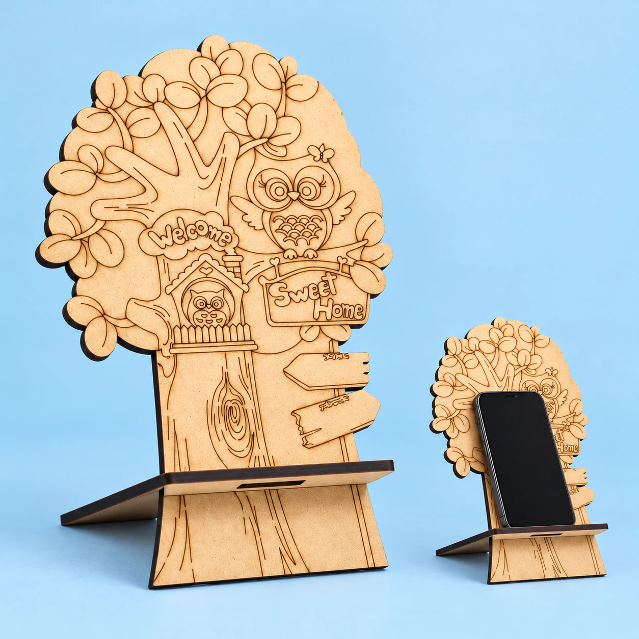 Natural unpainted owl tree MDF phone stand and portrait phone illustration