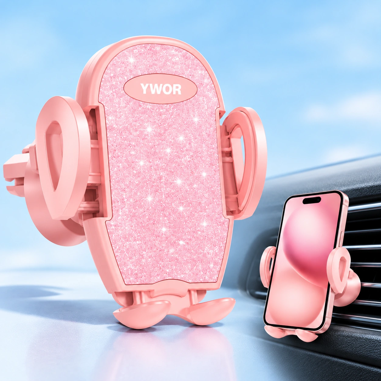 YWOR pink glitter car vent phone holder shown complete and holding a portrait phone