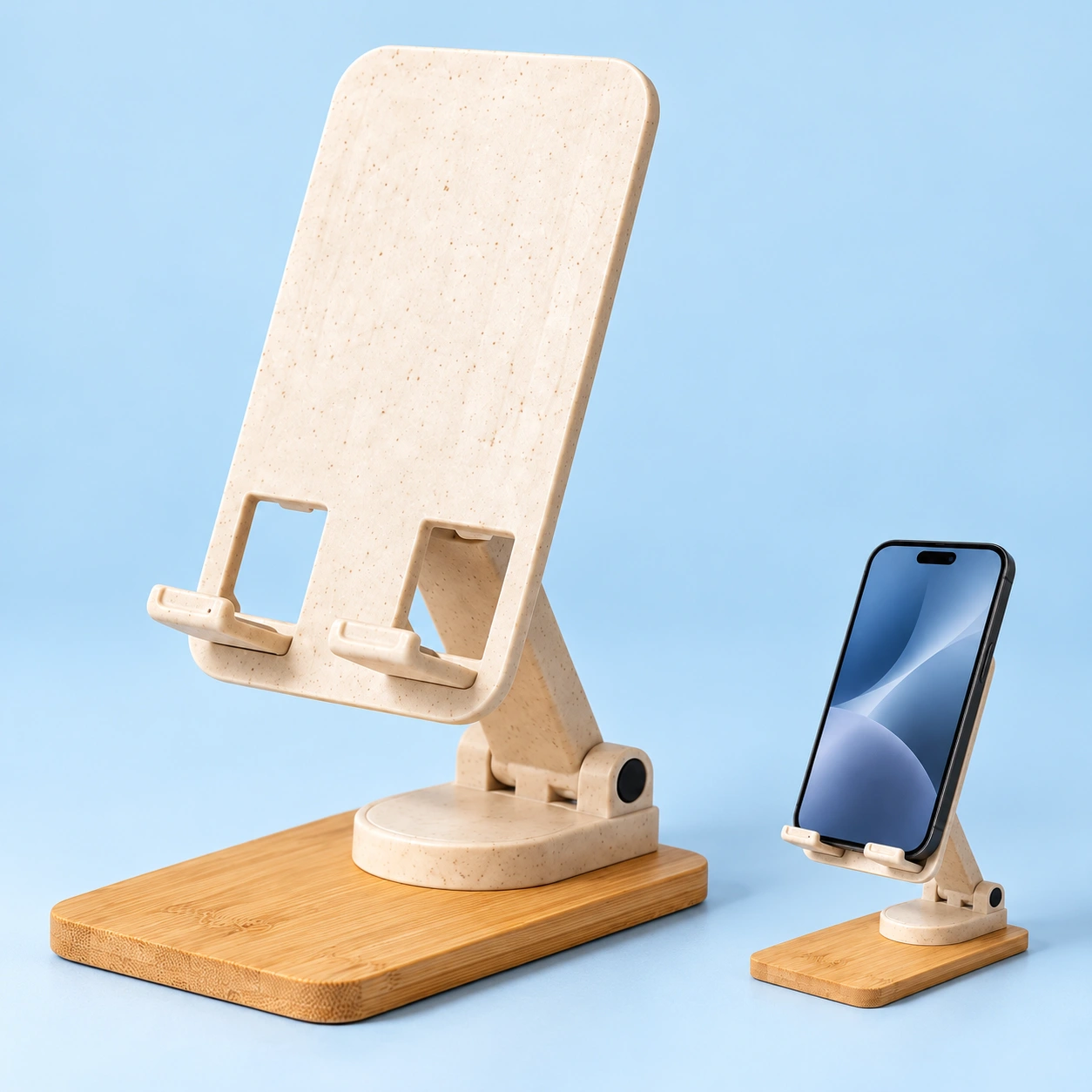 Cream speckled folding phone stand with rectangular bamboo base, shown complete and holding a portrait phone