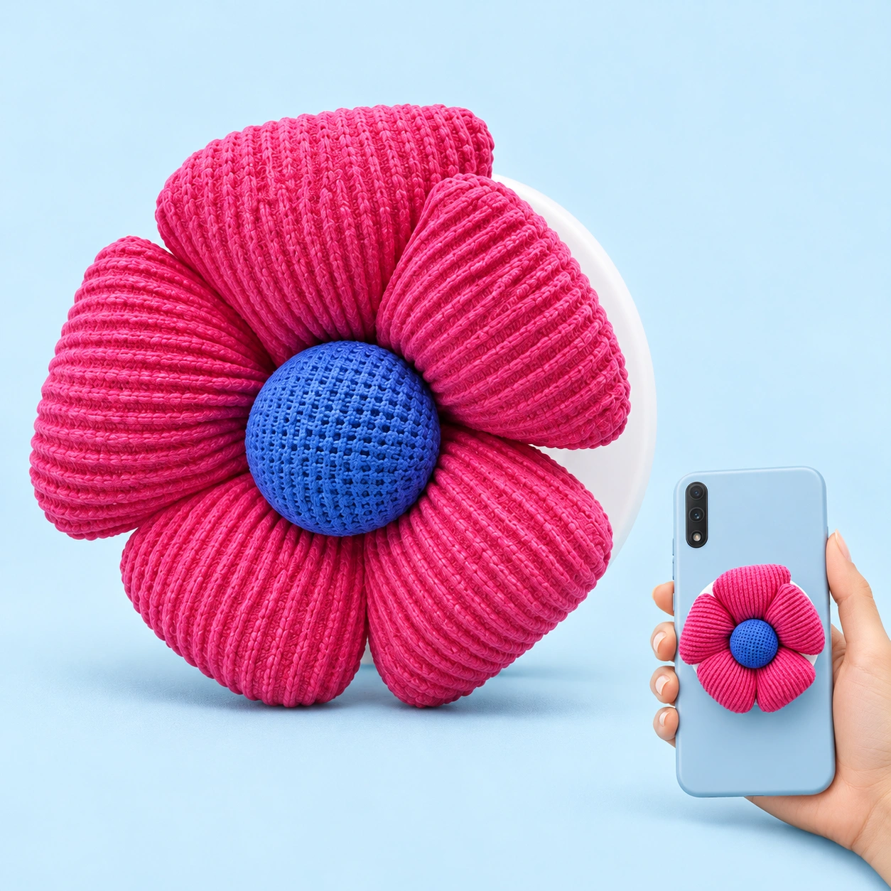 Rose pink ribbed fabric flower phone grip with blue center and illustrative phone mounting
