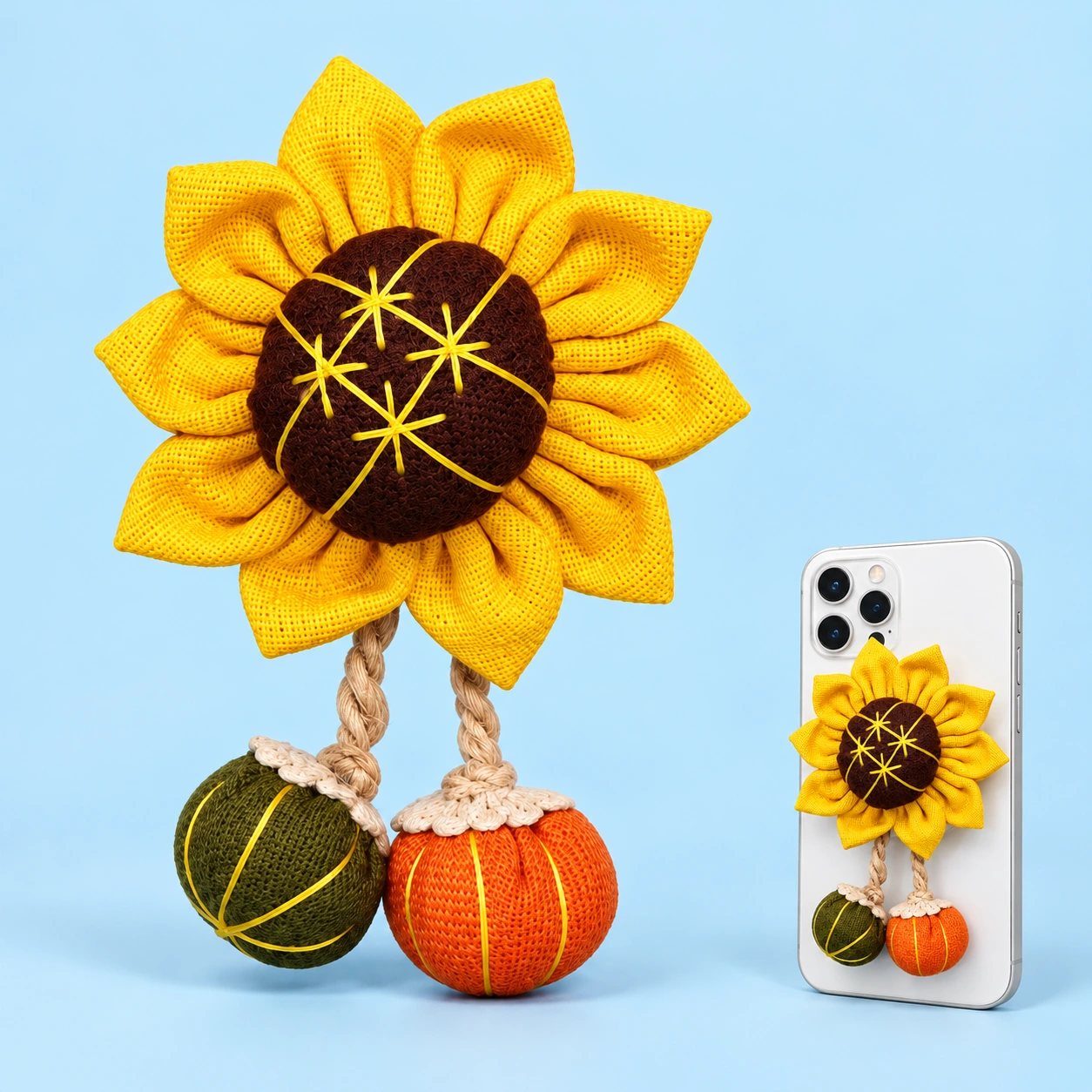 Yellow fabric sunflower phone grip with two hanging balls and mounted phone illustration