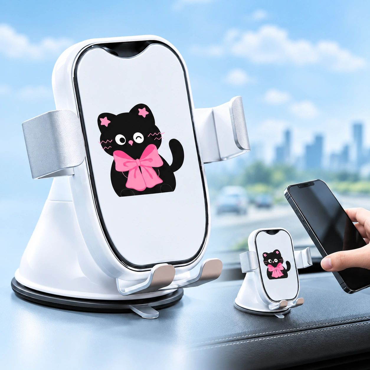 White bow-cat dashboard phone holder with suction base and phone-placement illustration