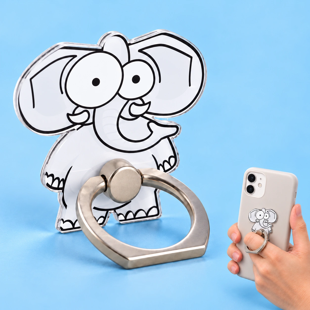 Elephant Phone Ring Holder shown complete with illustrated phone use