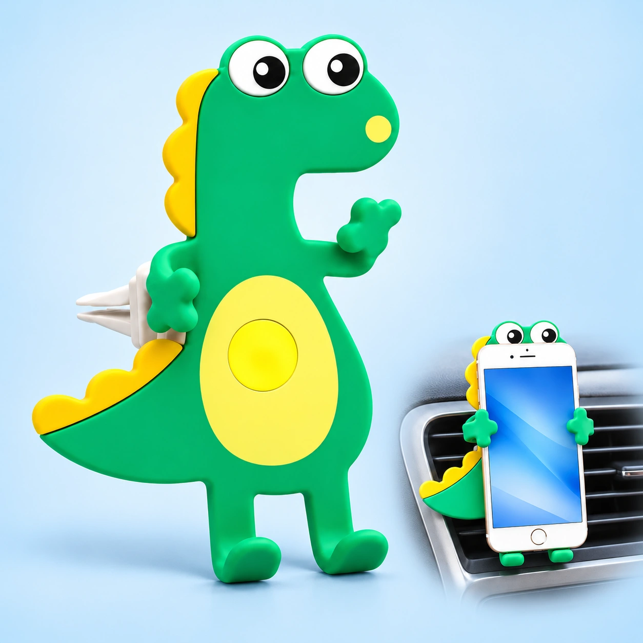 Green dinosaur car vent phone holder, complete holder with rear clip left and portrait phone in a car vent right; phone not included