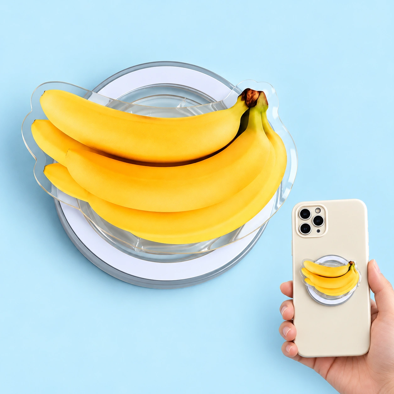 banana die-cut magnetic expandable phone grip and illustrative phone use