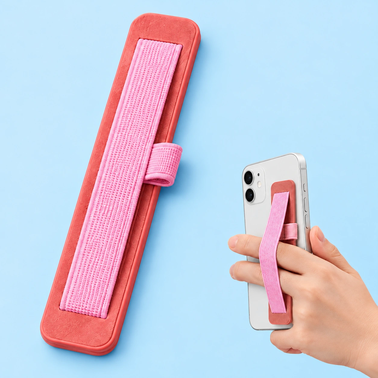 Pink elastic phone grip strap with side pen loop, shown complete and in a two-finger phone grip