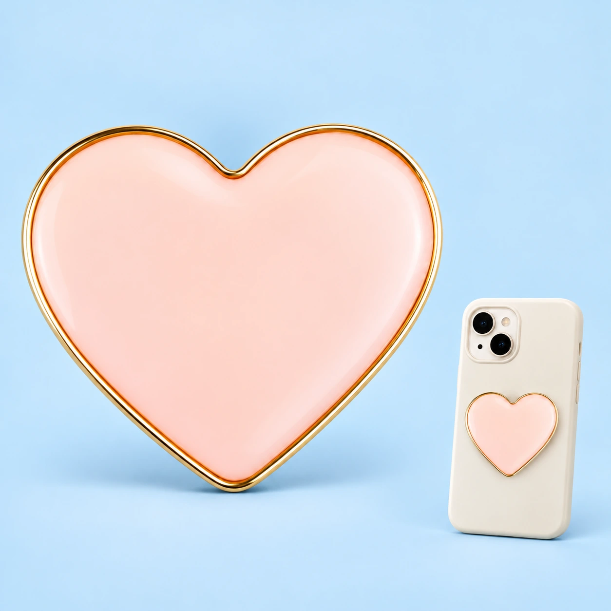 Pastel pink heart phone grip with gold-tone trim shown complete and mounted flat on a phone case