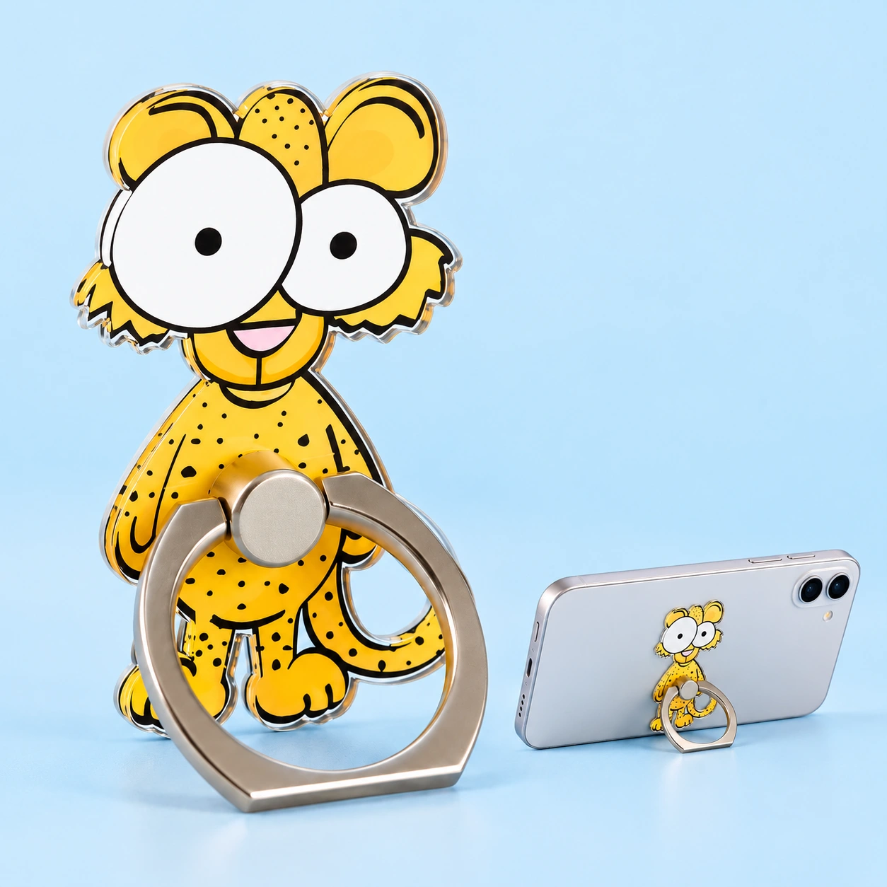Leopard Phone Ring Holder shown complete with illustrated phone use