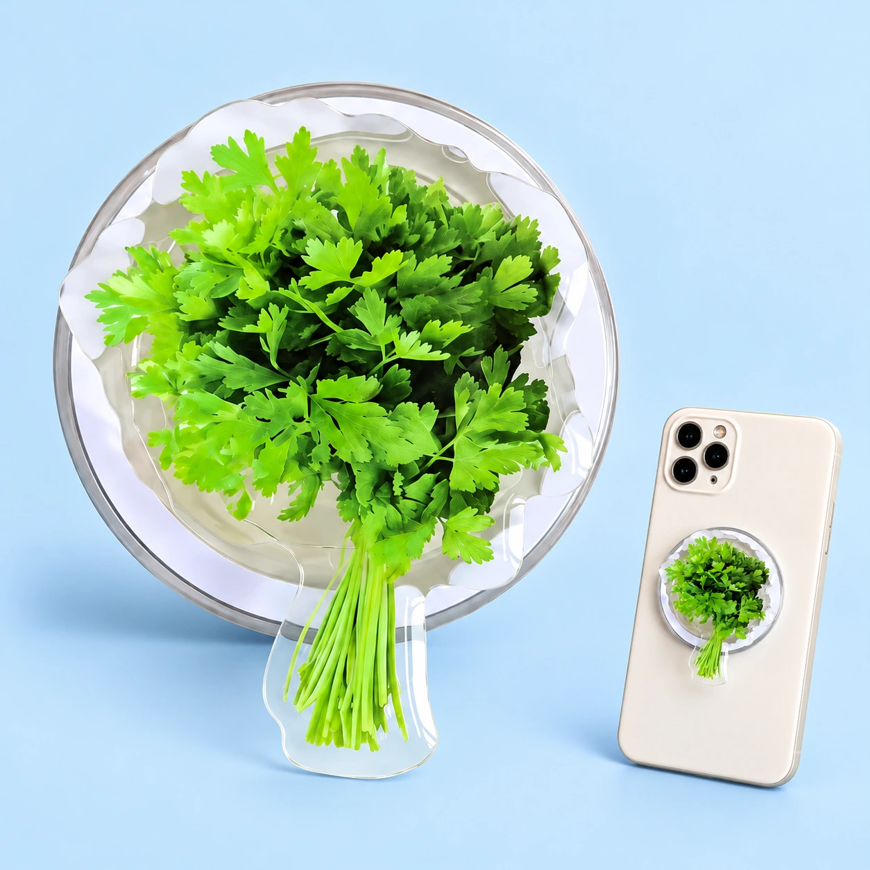 Cilantro printed die-cut phone grip with clear circular base, shown complete and flat-mounted on a phone
