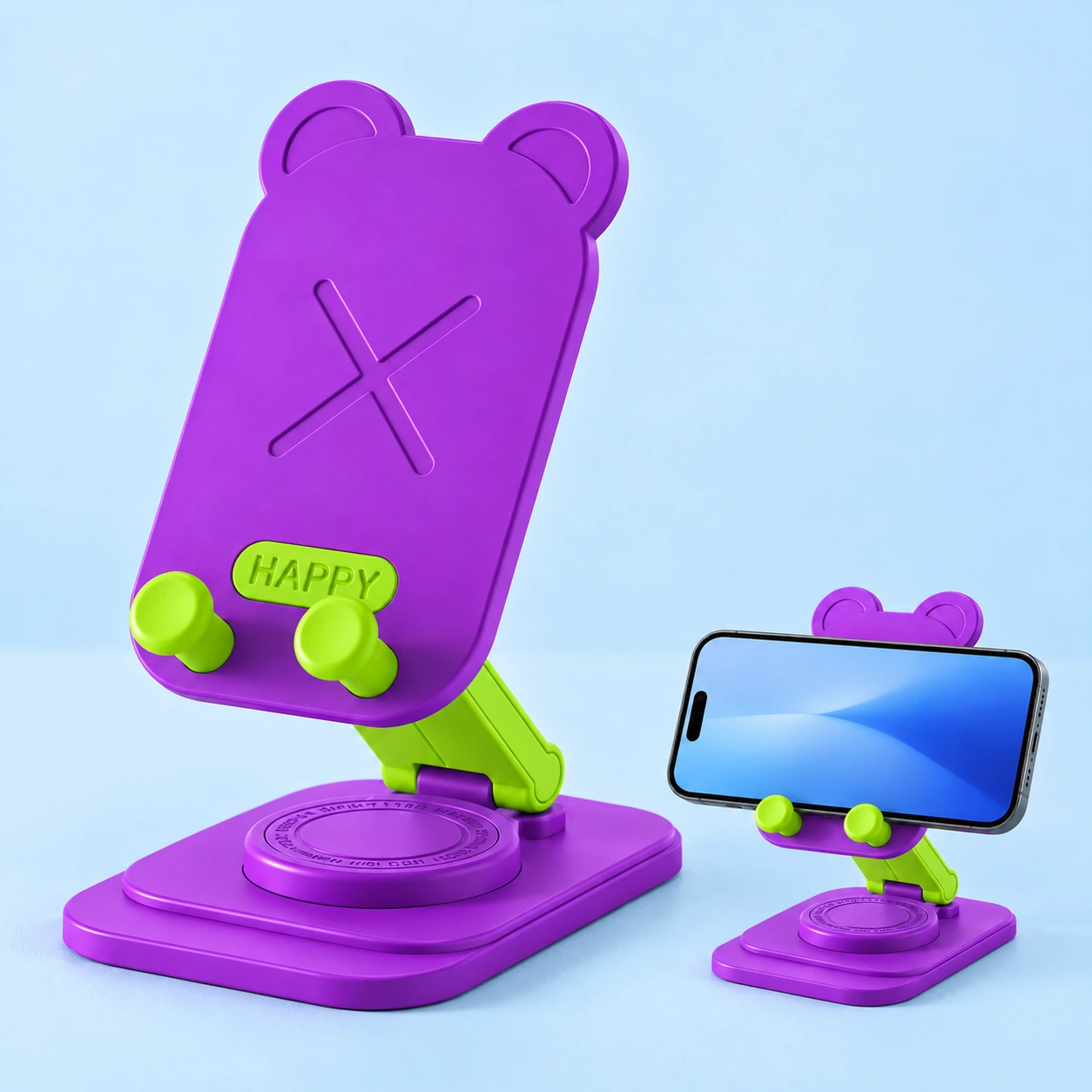 Purple Bear-Ear Rotating Phone Stand shown complete and supporting a landscape phone