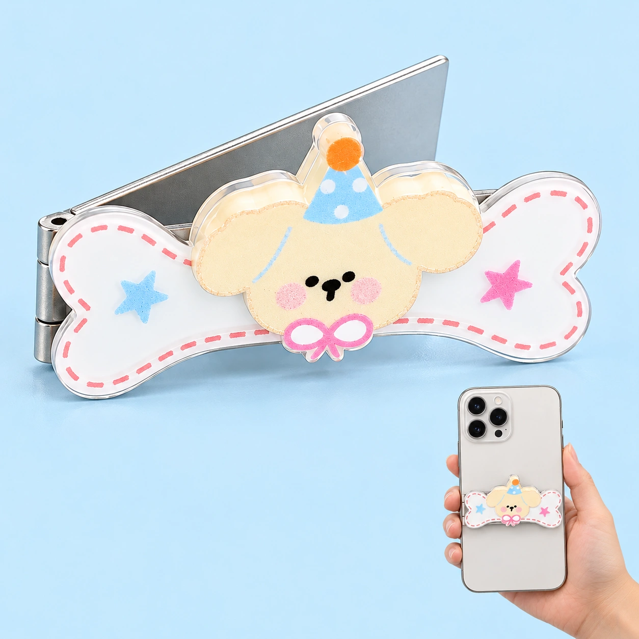Party-puppy bone folding phone kickstand shown complete and mounted on a phone