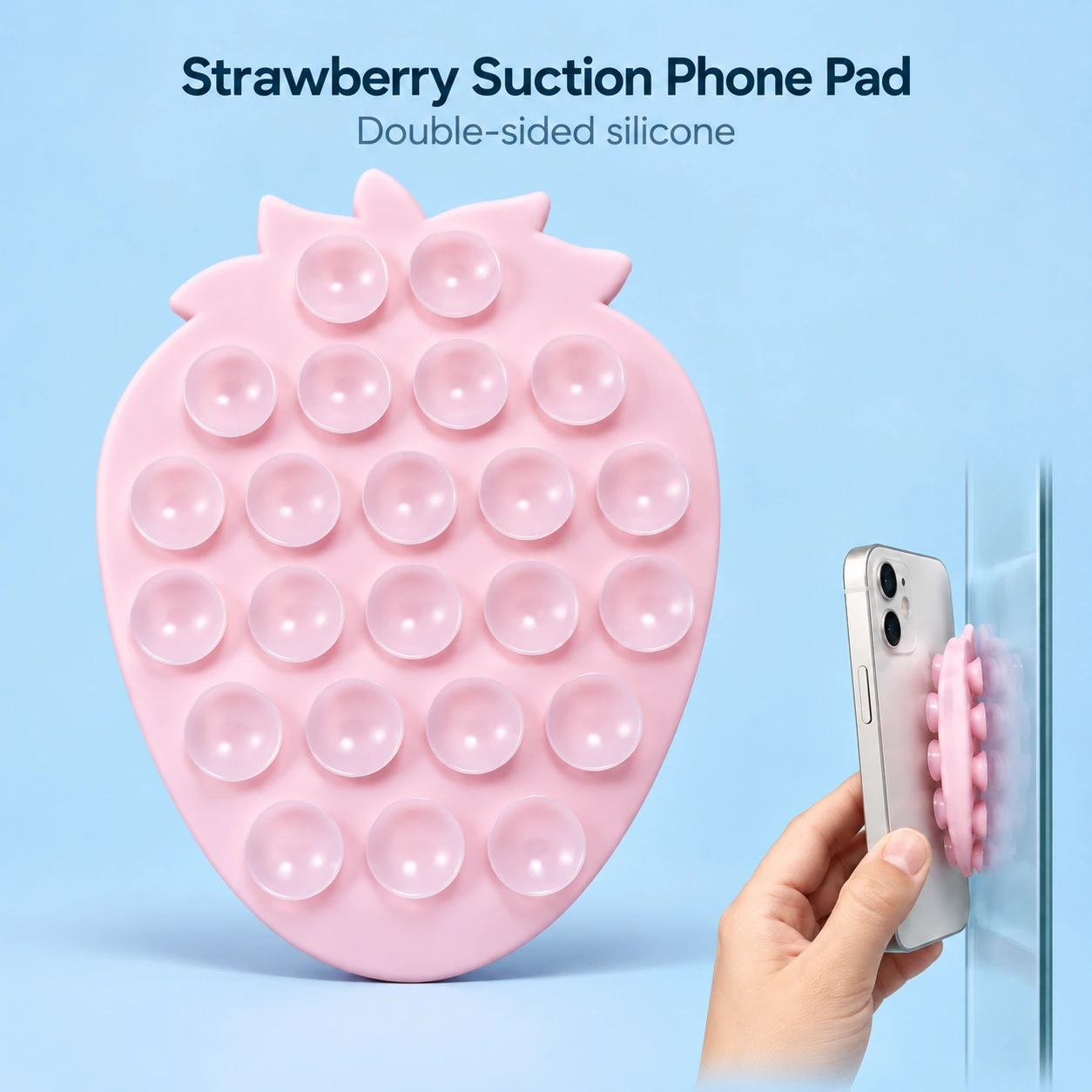 Pale Pink Strawberry Suction Phone Pad shown complete with illustrated phone use