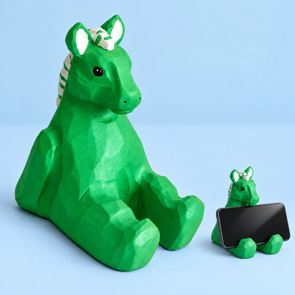Green Wooden Horse Phone Stand shown complete with illustrated phone use