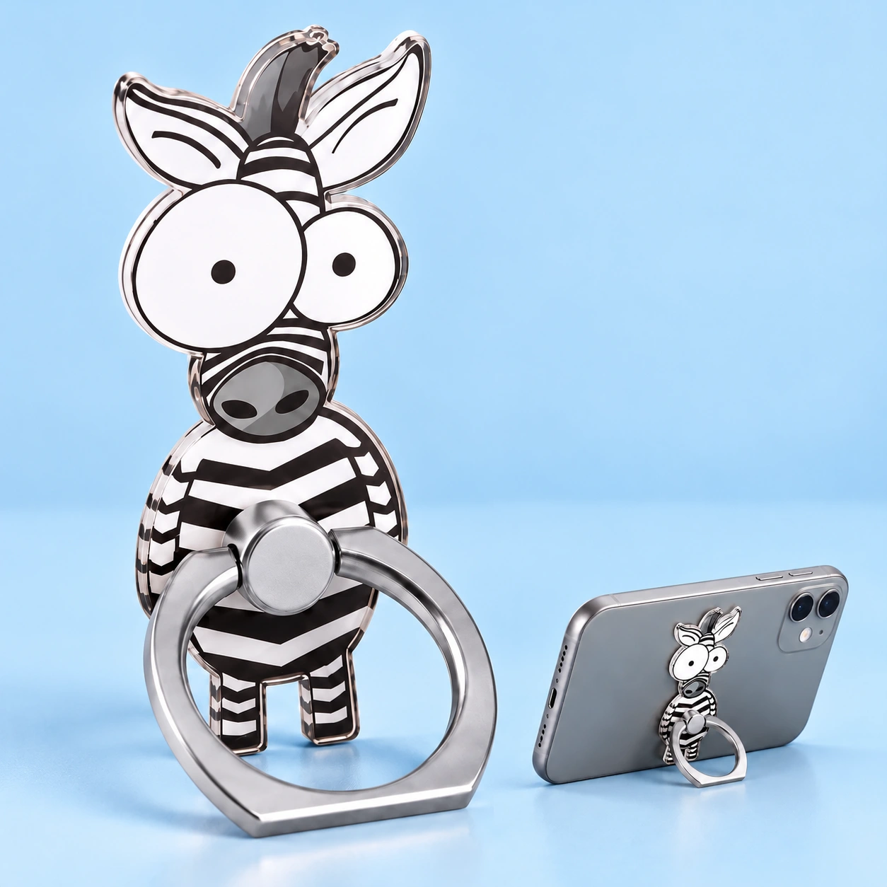 Zebra Phone Ring Holder shown complete with illustrated phone use