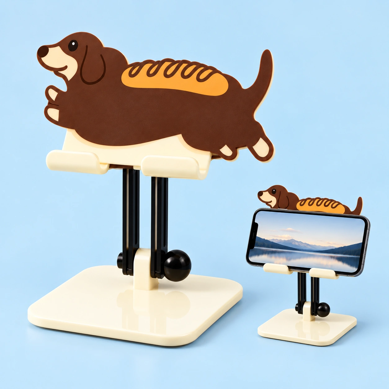 Hotdog dachshund folding phone stand with cream base and landscape phone illustration