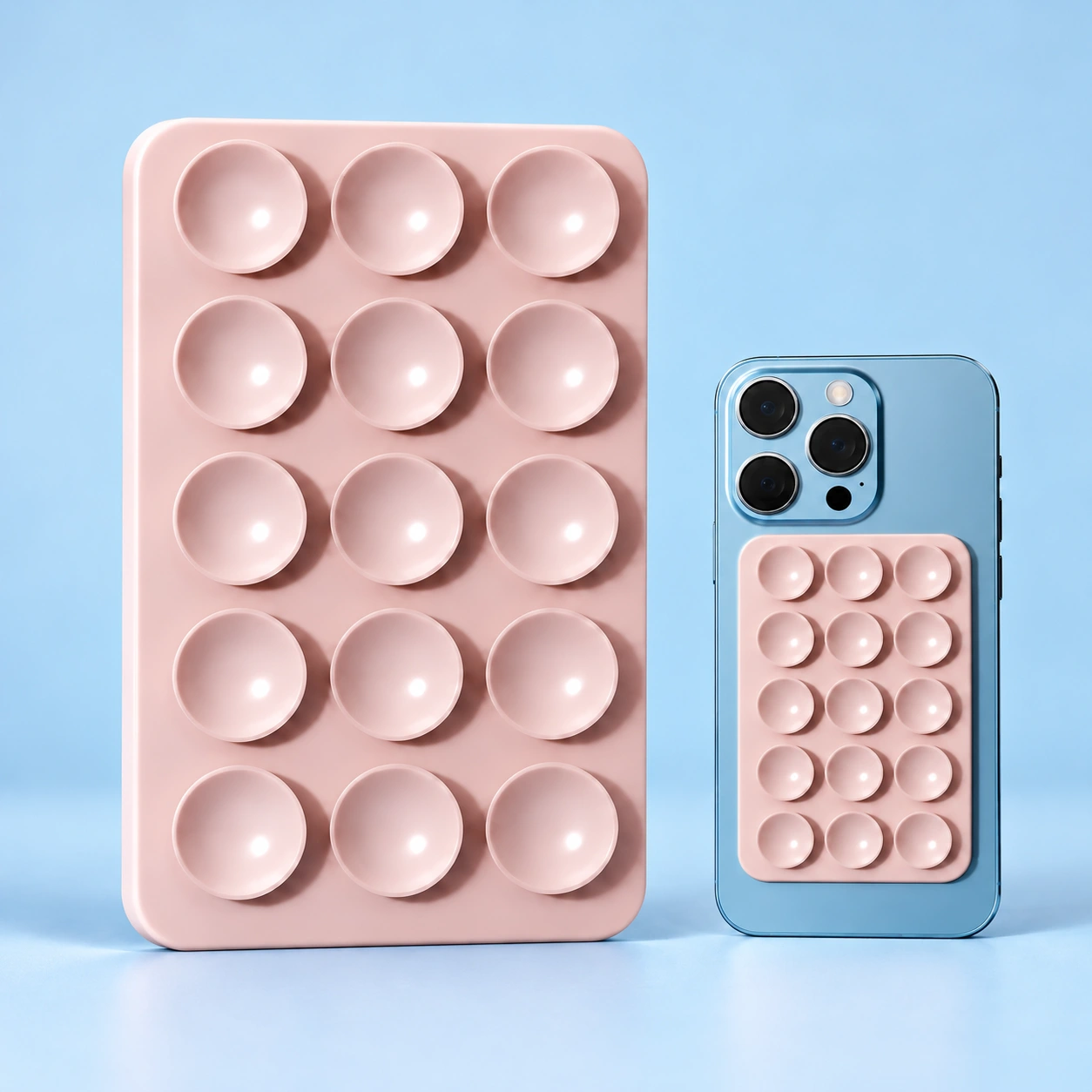 Soft pink fifteen-cup magnetic suction phone pad shown complete and flat-mounted on a phone