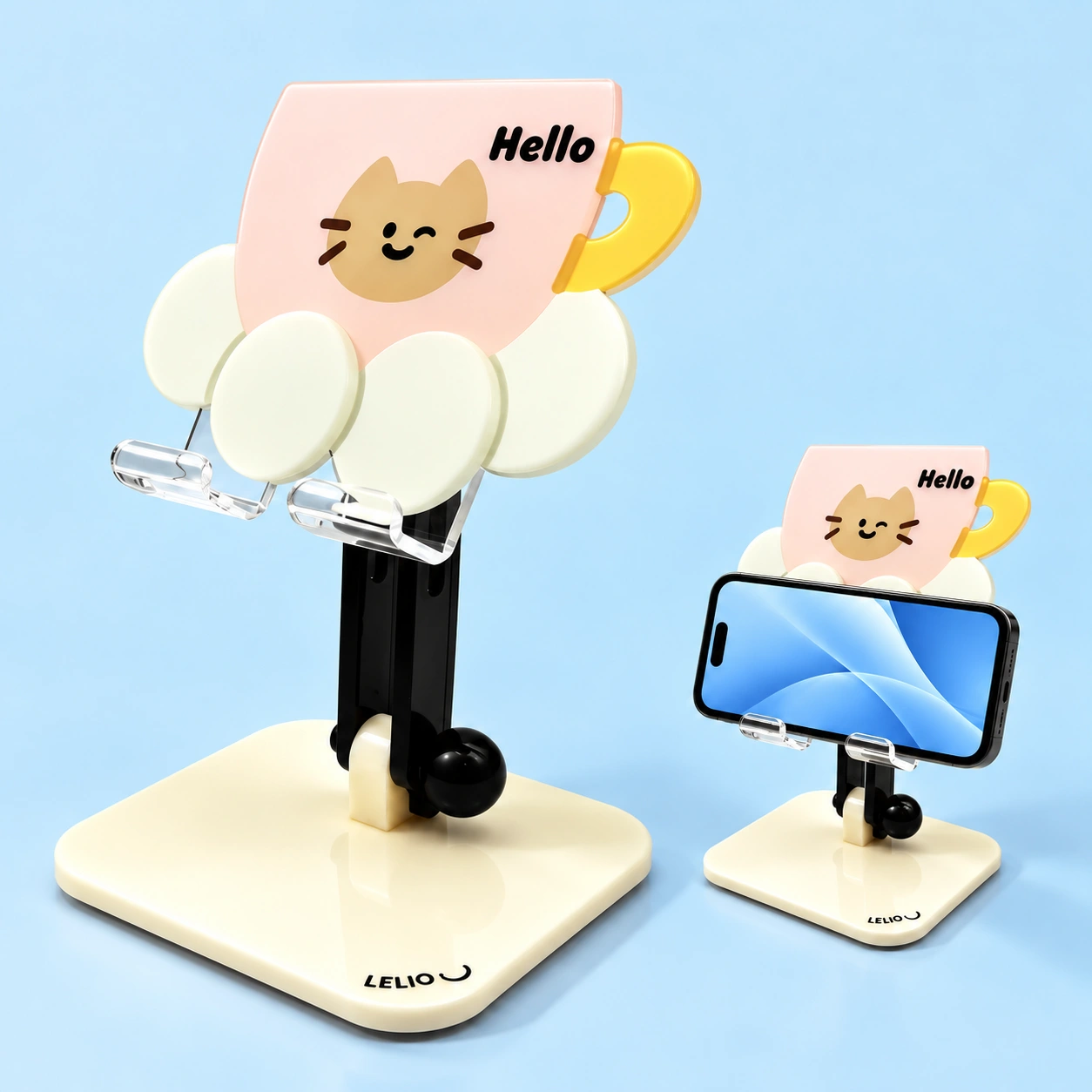 Pastel pink cat coffee-cup acrylic phone stand and illustrative landscape-phone support