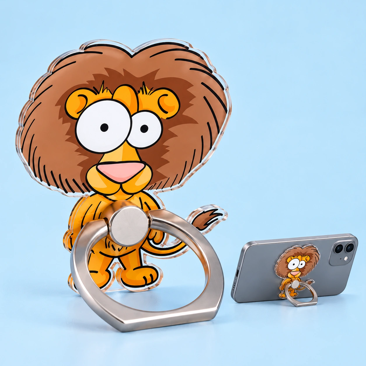 Lion Phone Ring Holder shown complete with illustrated phone use