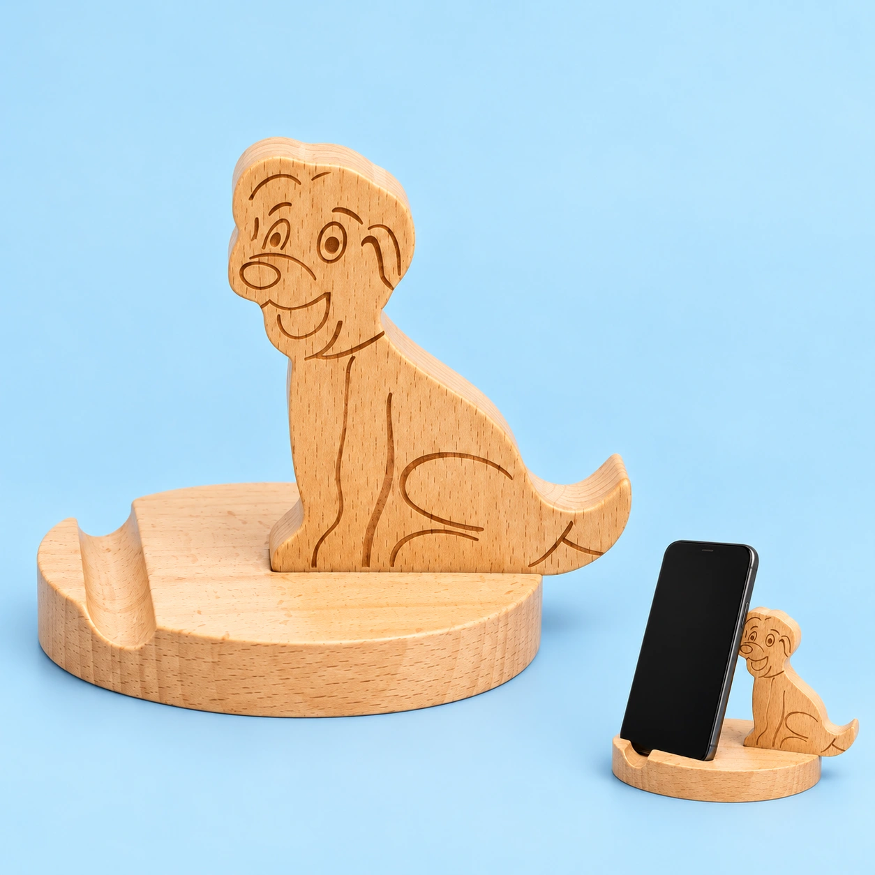 Wooden Seated Dog Phone Stand shown complete and supporting a portrait phone in its base groove