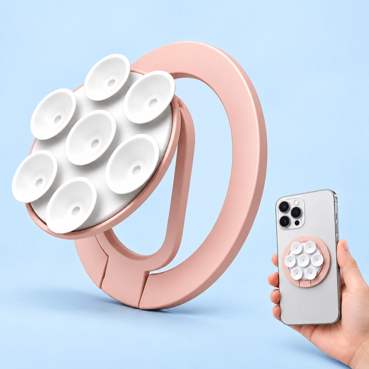 Blush pink seven-cup magnetic phone ring holder shown open and mounted flat on a held phone