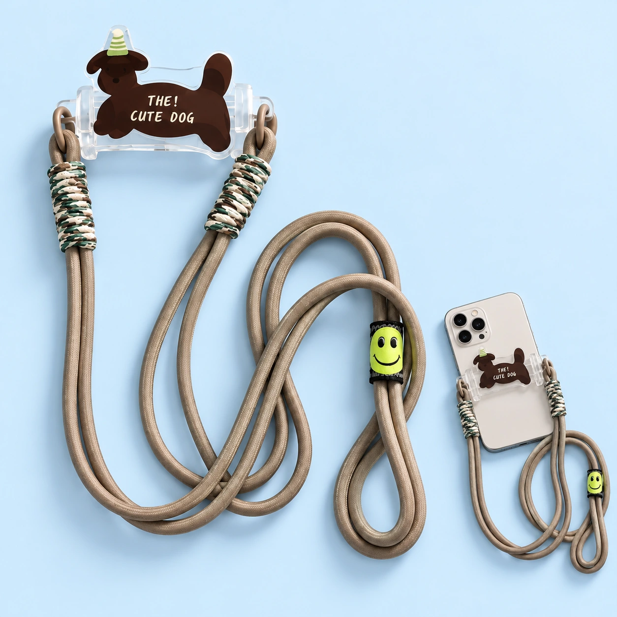 Brown hat-dog decorated phone clamp with taupe cord, shown complete and attached to a phone case