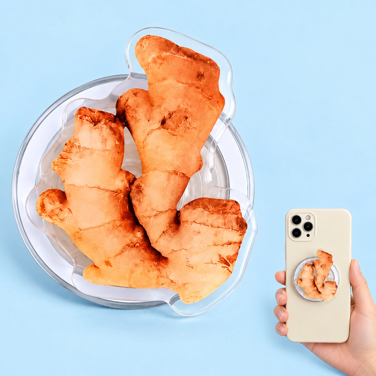 Ginger printed die-cut magnetic expandable phone grip, with illustrative flat phone mounting