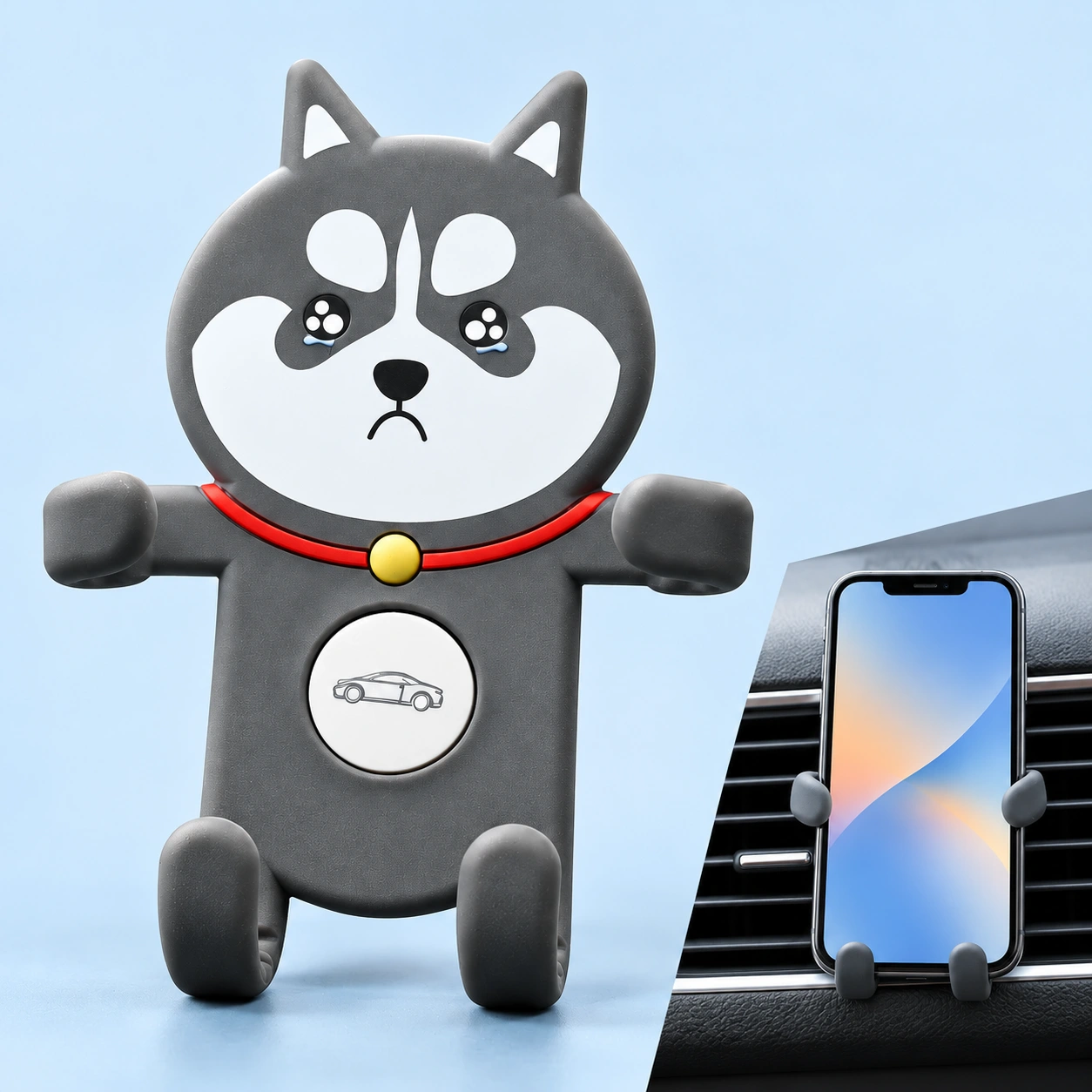 Gray husky car vent phone holder shown complete and holding a portrait phone