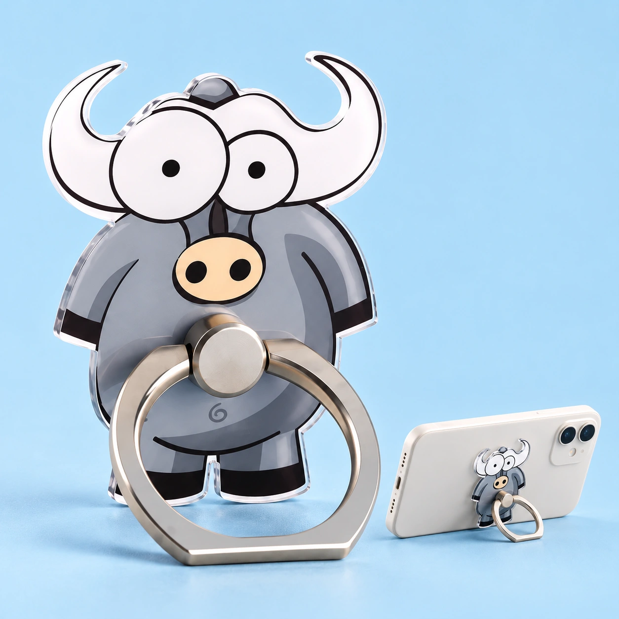 Cow Phone Ring Holder shown complete with illustrated phone use