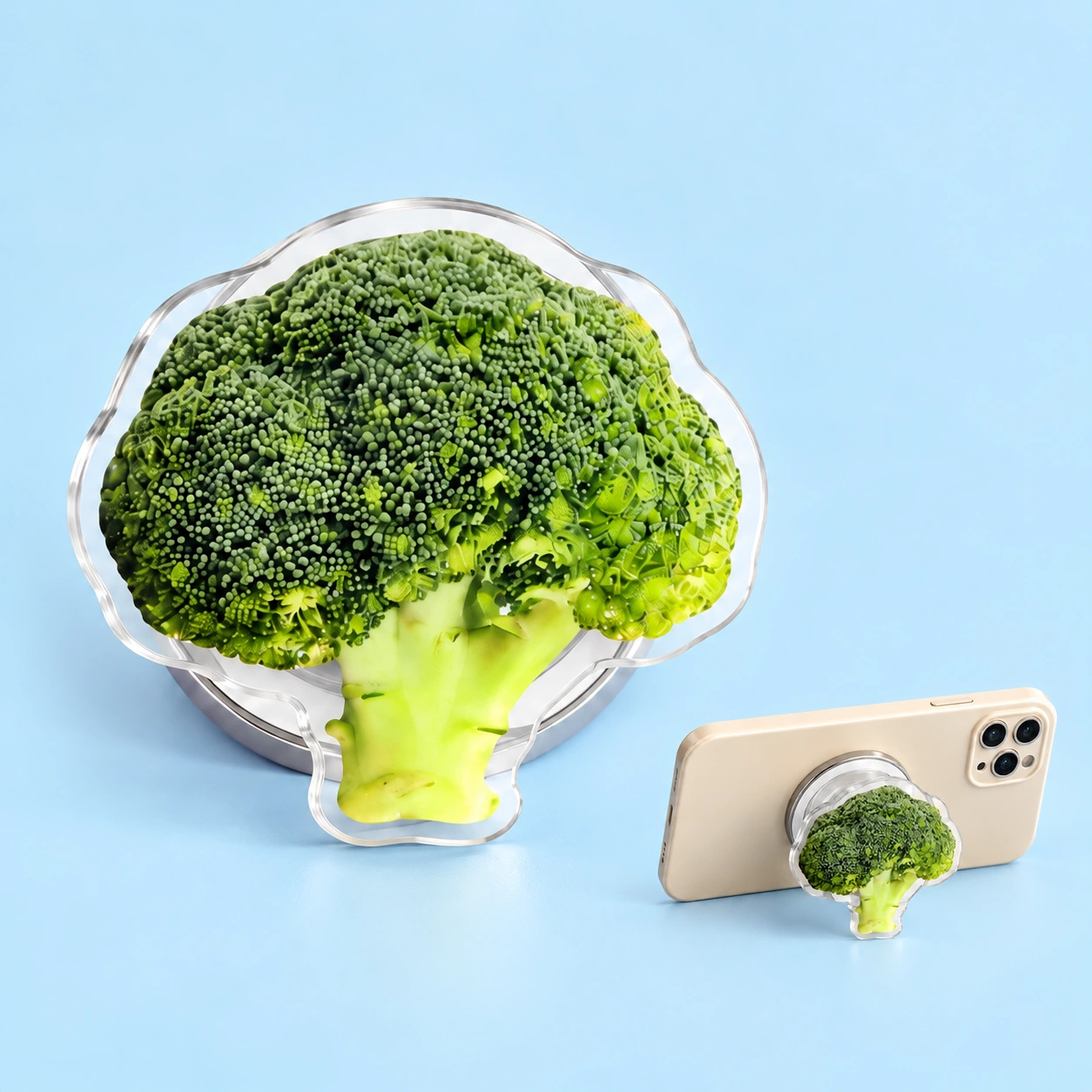 Broccoli die-cut magnetic expandable phone grip and illustrative landscape support
