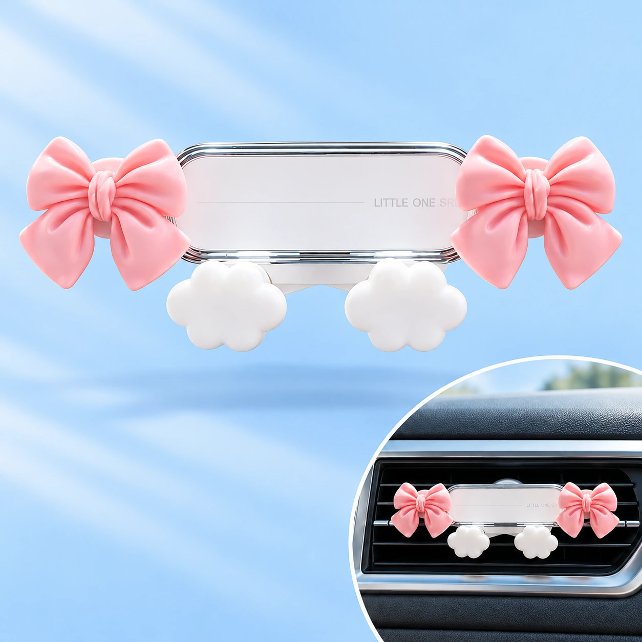 Pink bow and white cloud phone holder with installed-empty car vent illustration