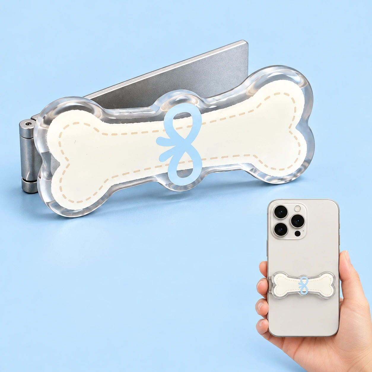 Blue-bow bone folding phone kickstand shown complete and mounted flat on a phone