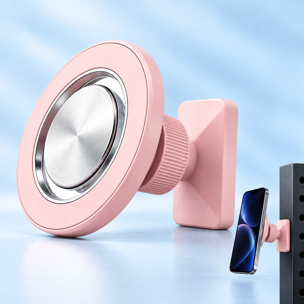 Pastel pink solid-disc magnetic phone holder and illustrative stationary gym-post mounting
