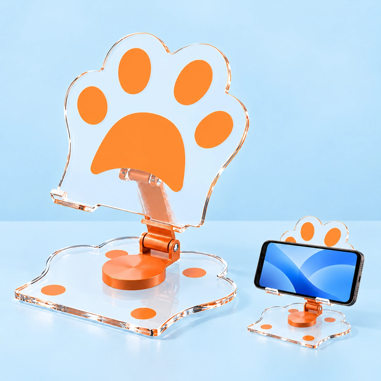 Orange paw acrylic swivel phone stand shown complete and supporting a landscape phone