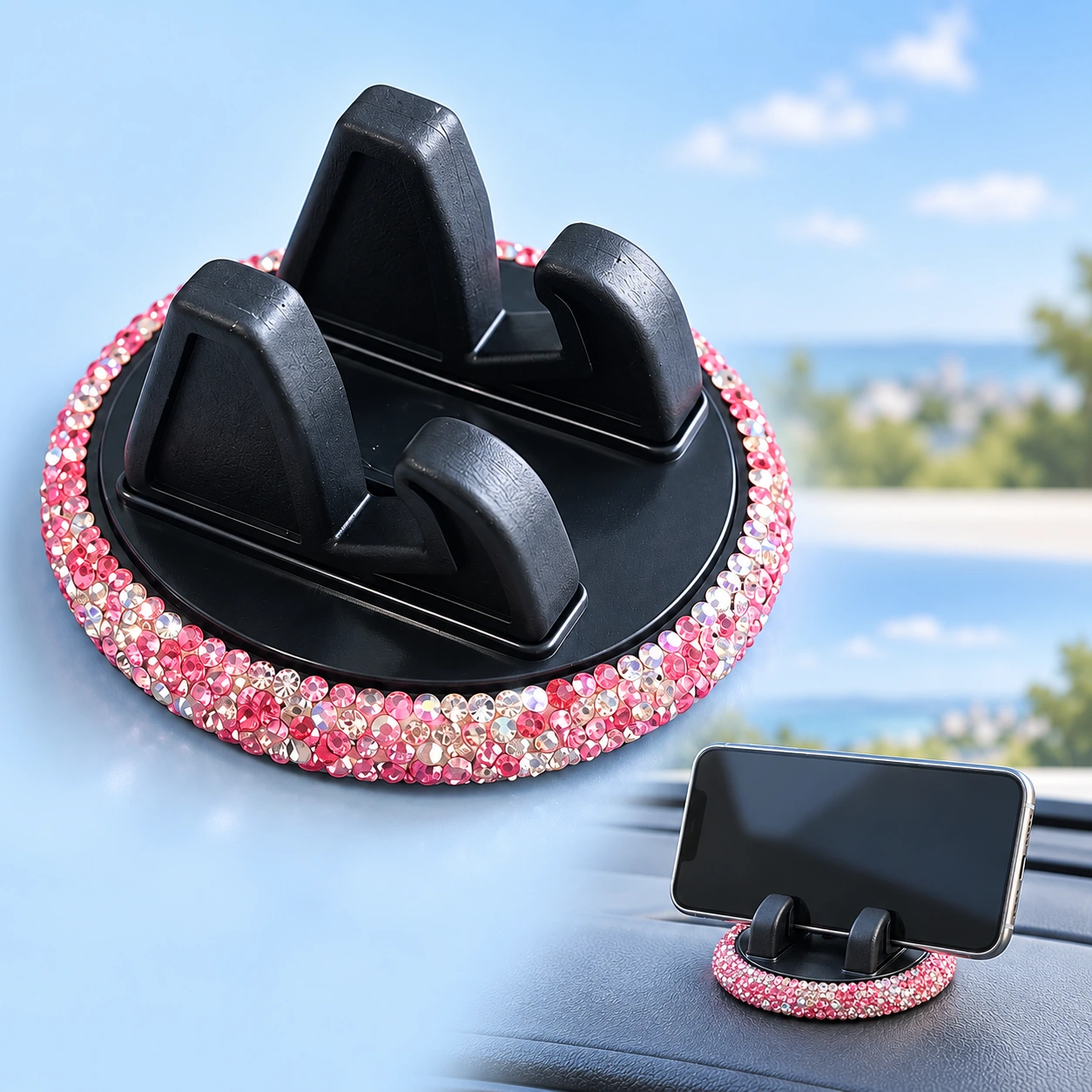 Pink rhinestone round dashboard phone cradle and illustrative parked-car landscape-phone placement