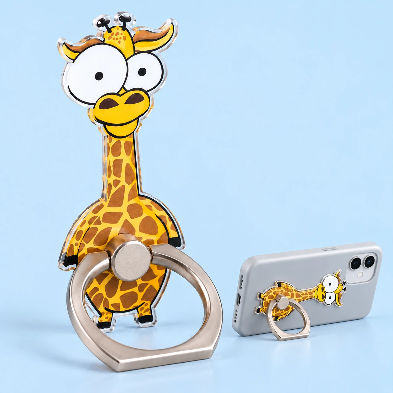 Giraffe Phone Ring Holder shown complete with illustrated phone use