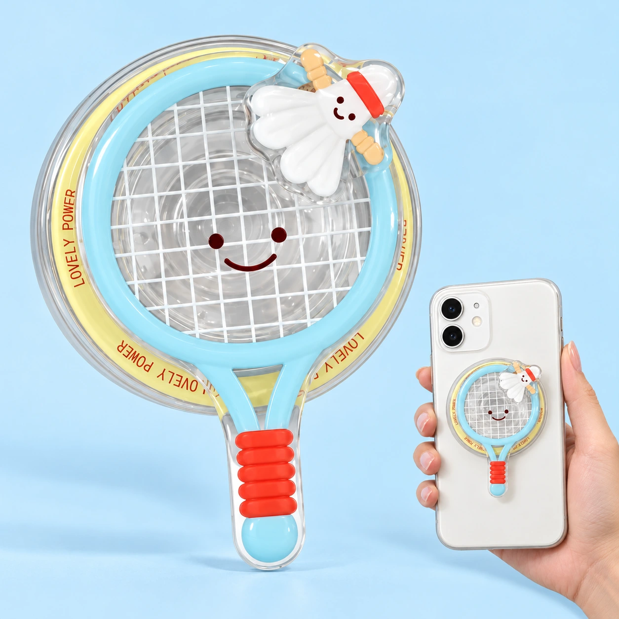 Blue badminton racket magnetic phone grip and flat phone-mounted illustration