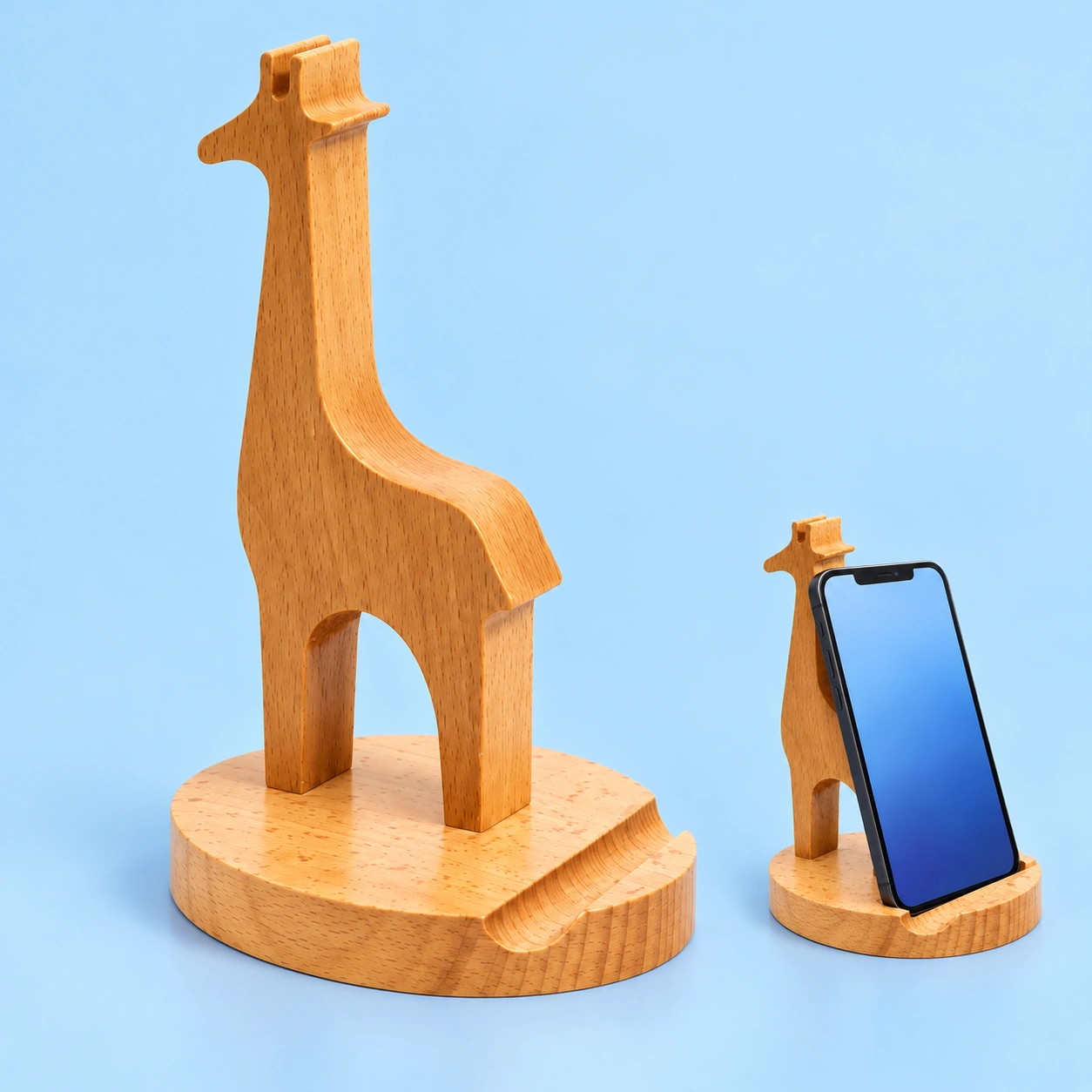 Wooden giraffe phone stand shown complete and supporting a portrait phone in its base groove