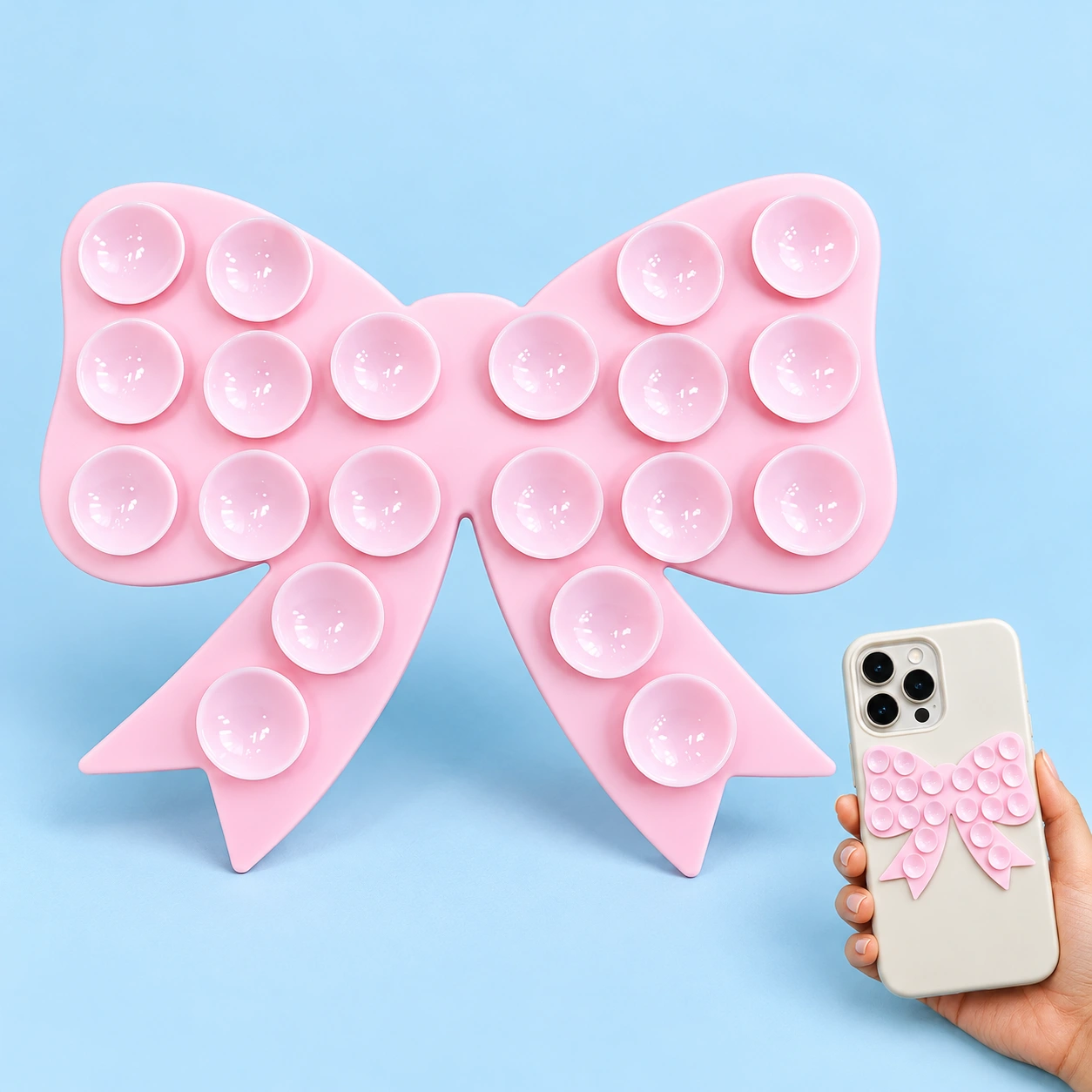 Pale pink bow suction phone pad and illustrative adhesive-backed phone-case placement