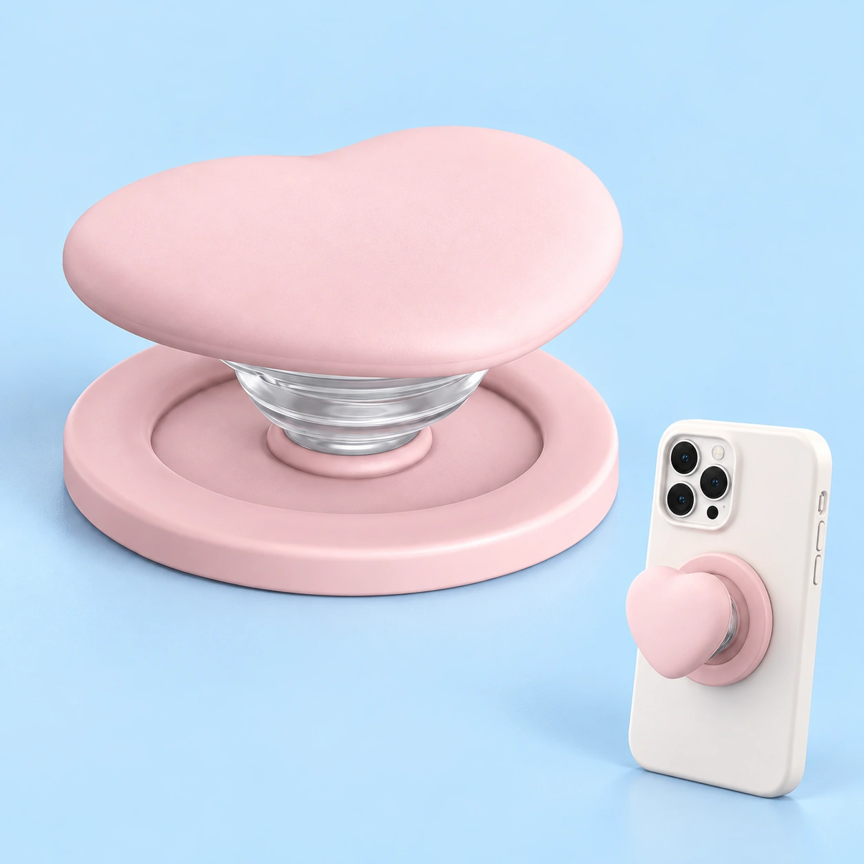 Dusty pink silicone heart magnetic expandable phone grip and mounted phone illustration