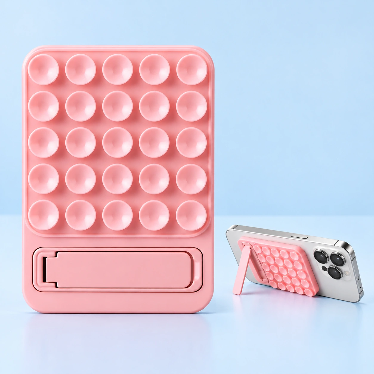 Pink suction phone pad with folding kickstand shown complete and supporting a landscape phone