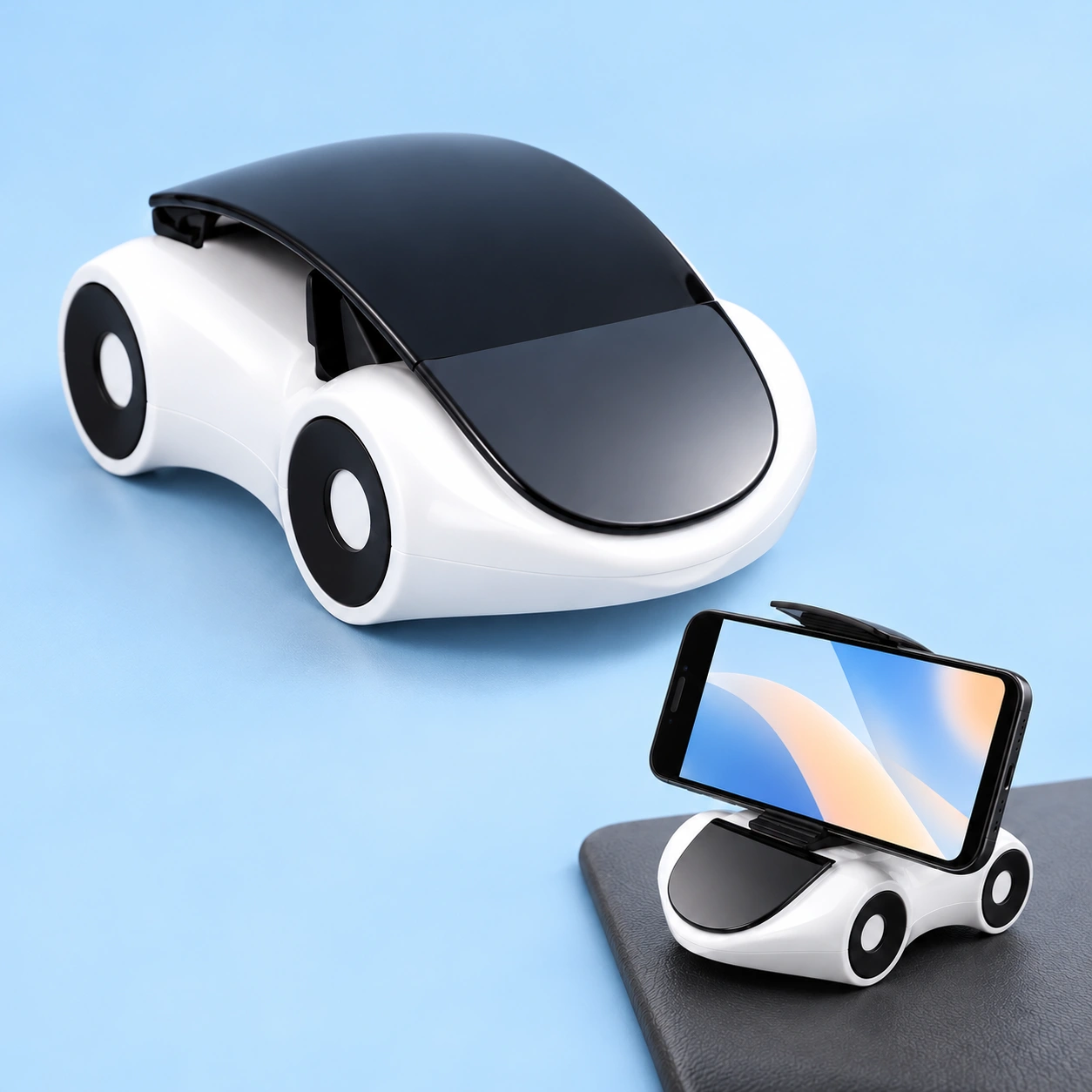 White mini-car dashboard phone holder, closed and supporting a landscape phone