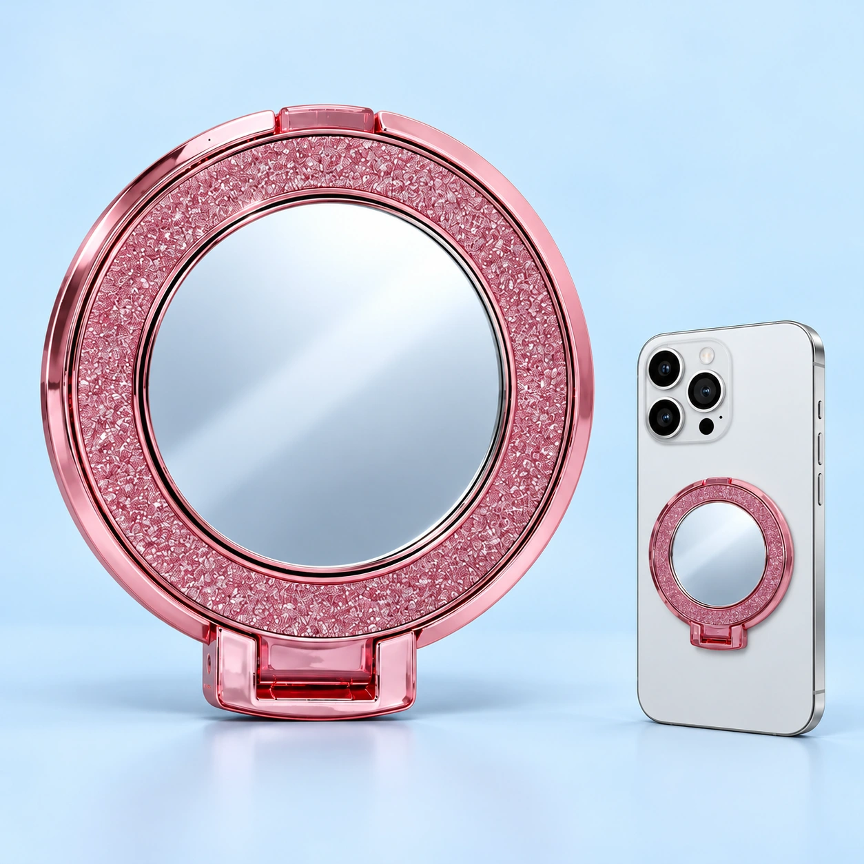 Pink glitter mirror phone ring holder and illustrative flat phone mounting