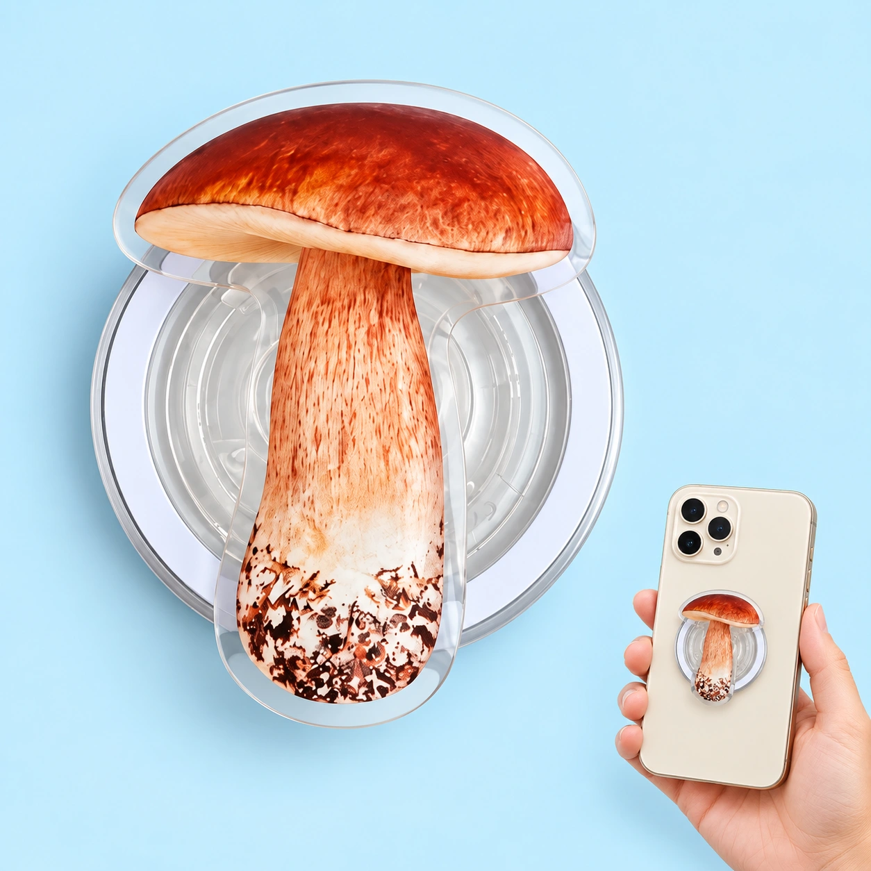 mushroom die-cut magnetic expandable phone grip and illustrative flat phone mounting