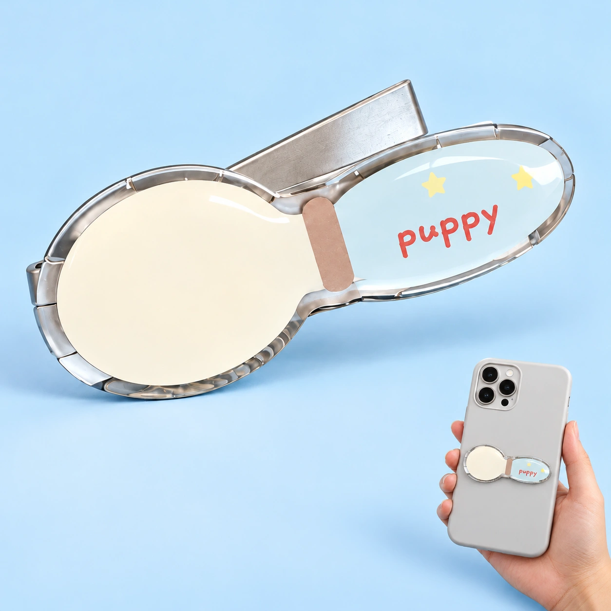 Blue-star spoon-shaped folding phone kickstand shown complete and mounted flat on a phone