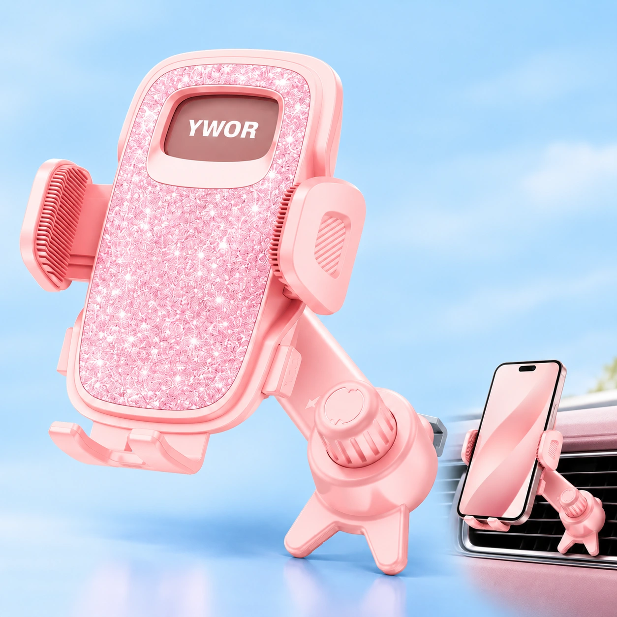 YWOR pink offset-arm car vent phone holder shown complete and holding a portrait phone