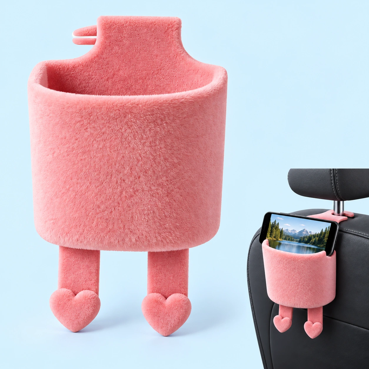 Pink Plush Heart-Hook Headrest Phone Pocket